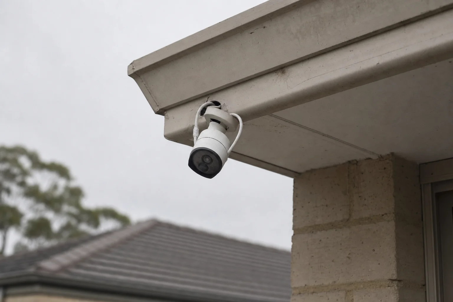 DIY security camera mounted too high in the gable of a Perth home with white conduit running down the brickwork