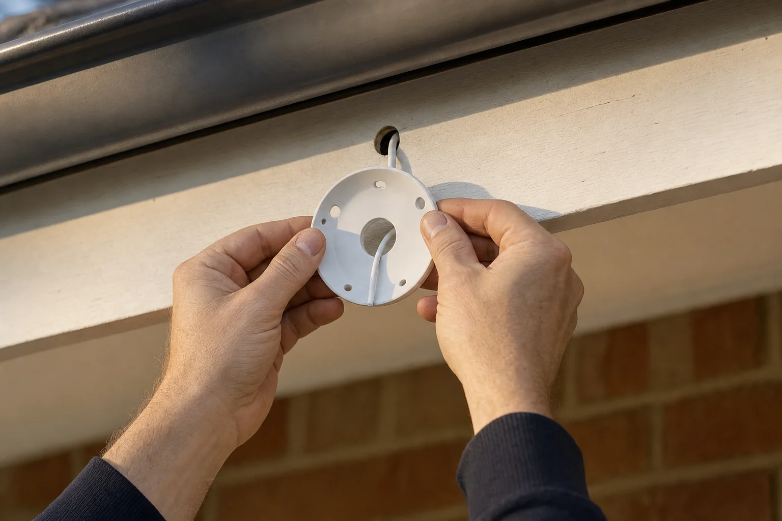 A round white camera mounting base held flat against the timber fascia of a Perth home, positioned over the hole with the cable already fed through it