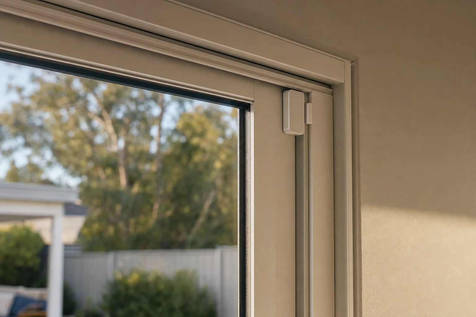 A small white sensor fitted to the top corner of a sliding door frame, with the back yard visible through the glass