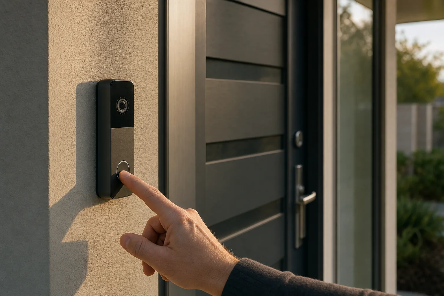 A finger pressing the button of a slim video doorbell mounted beside the front door of a Perth home