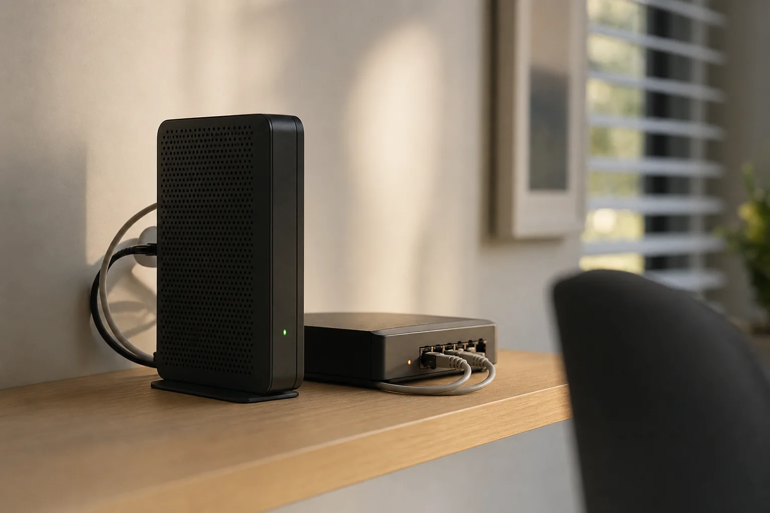 A home modem and a small network switch on a shelf in a Perth study, with tidy network cables running into them