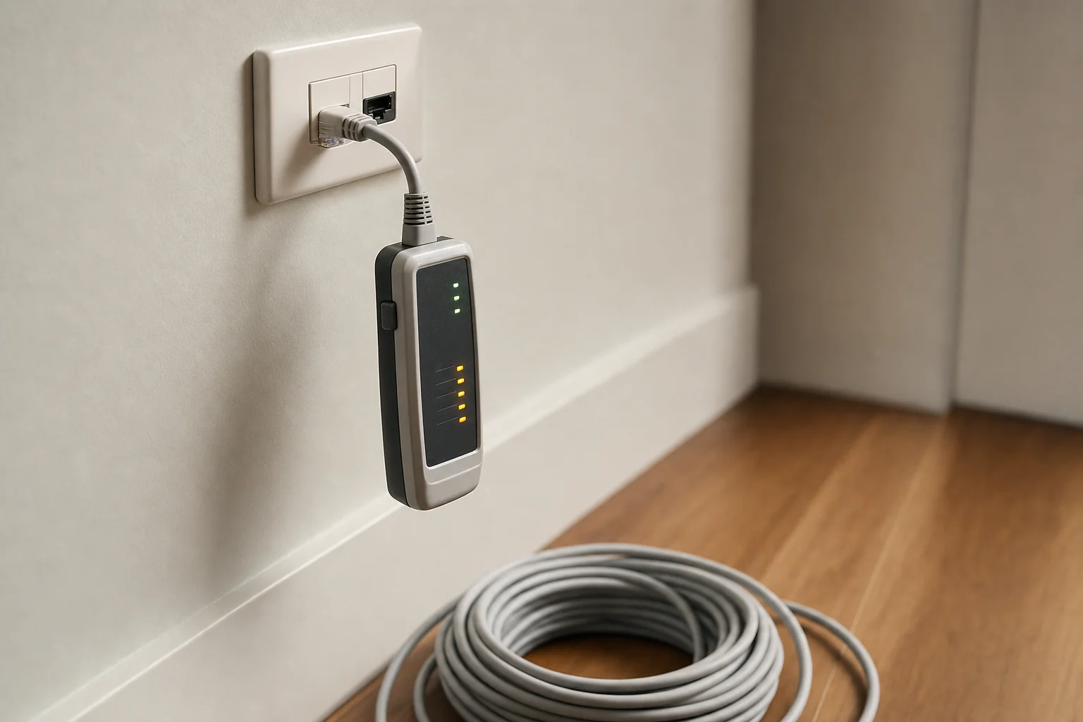 A cable tester plugged into a network wall plate inside a Perth home, with a coil of data cable on the floor below