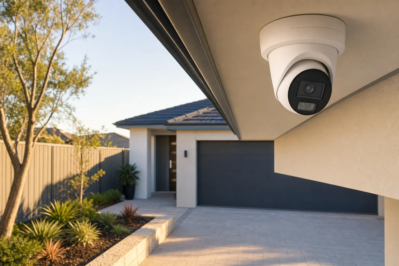 Security camera under the eave of a Perth home angled down onto its own driveway rather than over the boundary fence