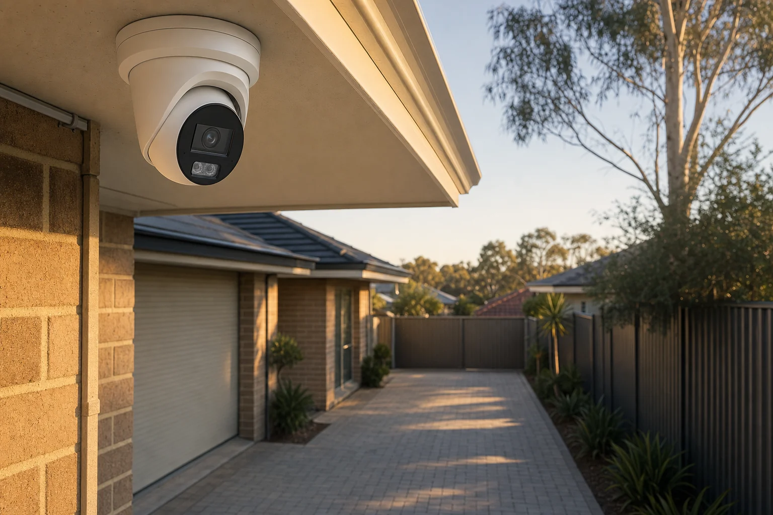 Security camera mounted under the eave of a Perth brick and tile home looking along the driveway towards the front gate