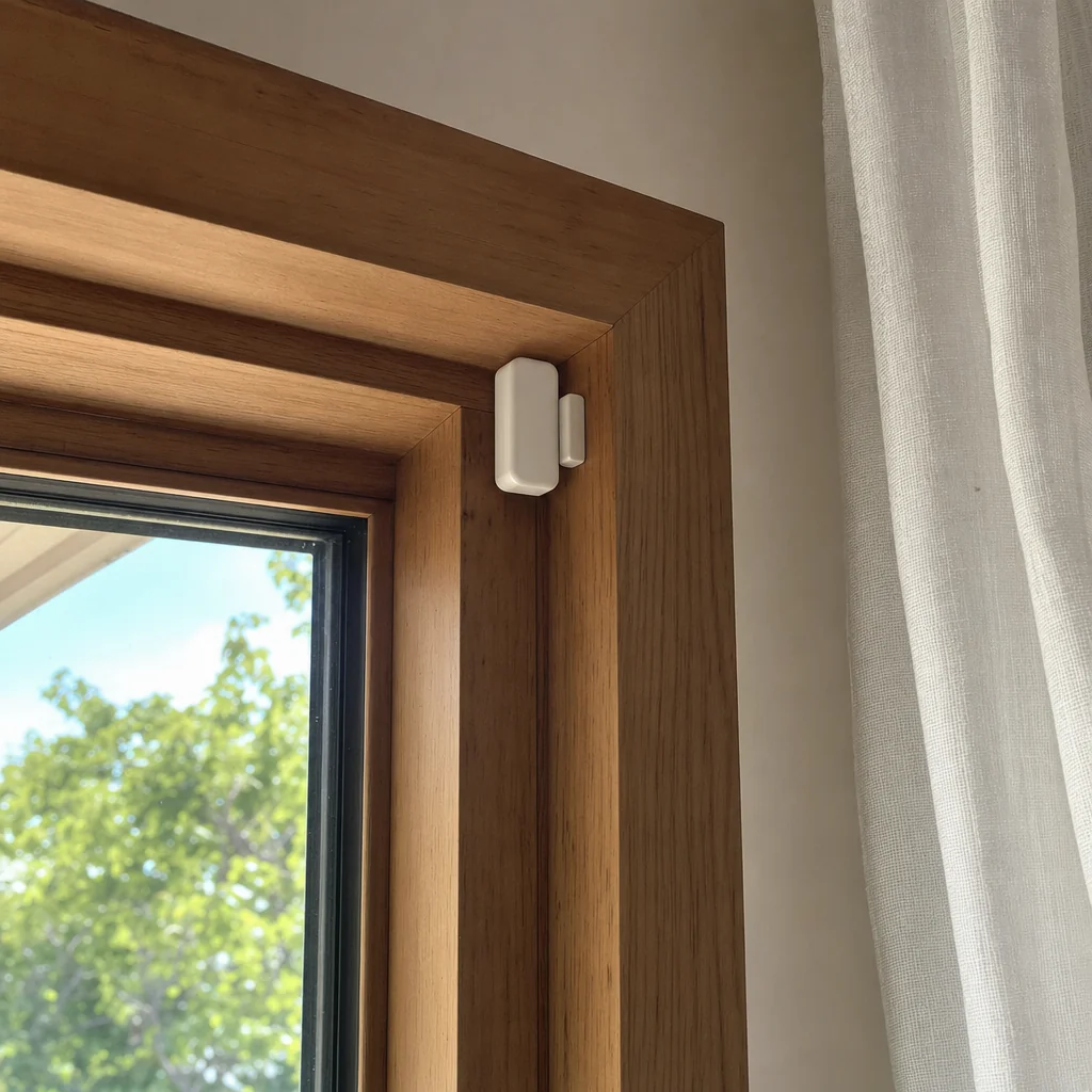 A small white two part contact sensor fitted neatly to the top corner of a timber window frame inside a home, a sheer curtain hanging to one side and a tree visible through the glass