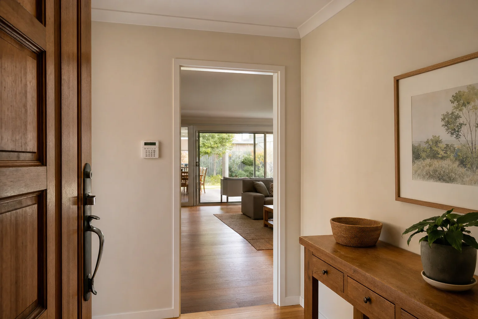 The entry hall of a home looking in from an open timber front door, with a small alarm keypad on the wall beside the door, an open doorway through to a living area with sliding doors to the garden, and a console table against the right hand wall