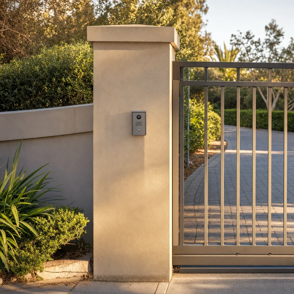 A rendered gate post at the end of a driveway in late afternoon light with a small intercom station mounted on it at about chest height, a metal driveway gate beside it and garden behind