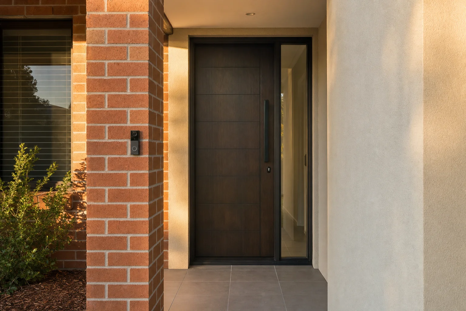 The front entry of a Perth brick home in afternoon light, with a dark timber front door, a small video doorbell mounted on the brick pier beside it at about chest height, a narrow glass panel next to the door and a tiled porch floor