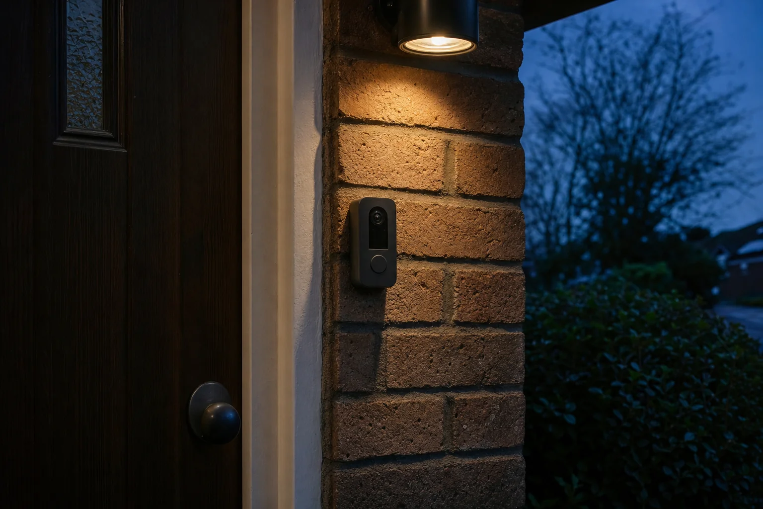A small dark video doorbell mounted on brickwork beside a timber front door at dusk, with a porch light above it throwing warm light down the wall