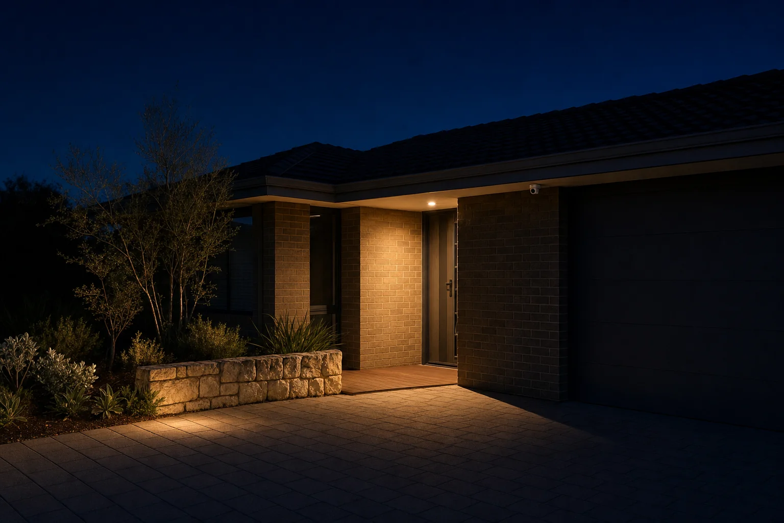 The front of a single storey Perth brick home at night, the porch light throwing a warm pool of light across the entry and the top of the paved driveway while the garage and the rest of the facade sit in deep shadow, with a small white camera mounted under the eave