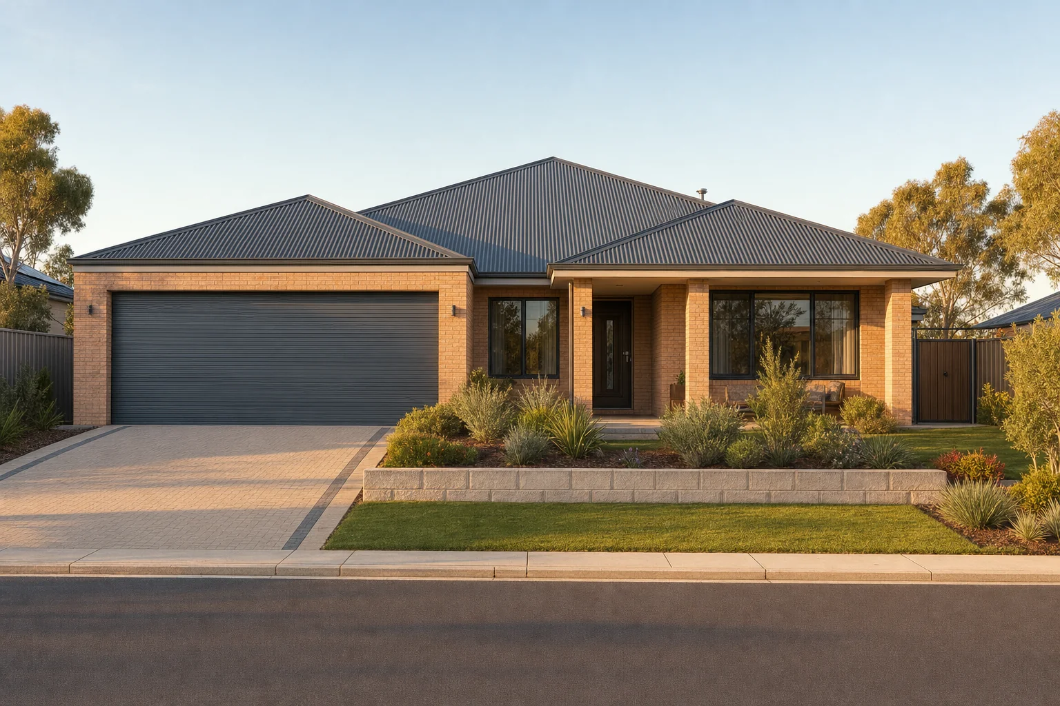 Front elevation of a single storey Perth brick home in late afternoon light, showing the double garage and driveway on the left, the recessed front entry in the centre, and a side access gate at the right hand corner of the house