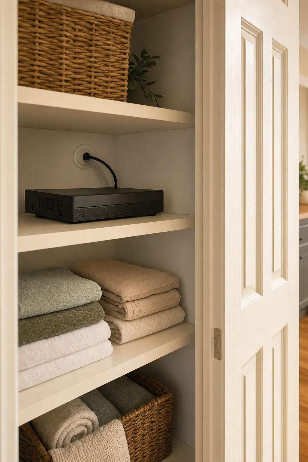 A small black recorder sitting on a shelf in a linen cupboard, one cable running from it into a grommet in the wall behind, folded towels on the shelf below
