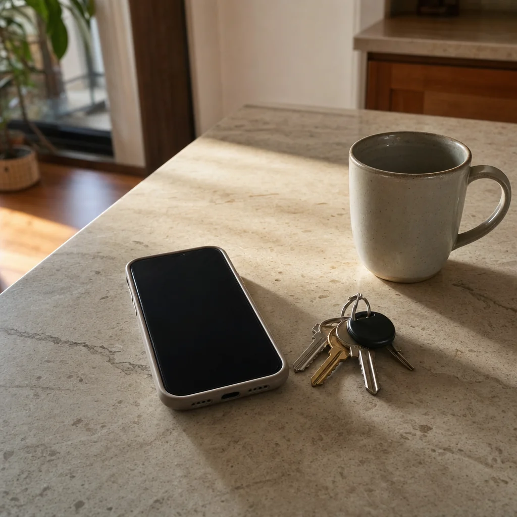 A phone with a blank dark screen lying on a stone kitchen bench beside a set of keys and a ceramic mug in warm morning light