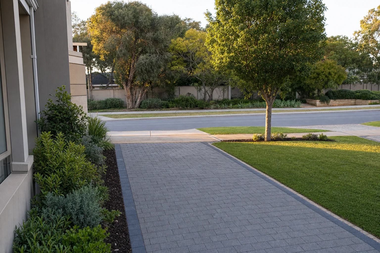 A suburban Perth driveway photographed from beside the house in late afternoon light, the paved drive running out to the kerb with lawn and a garden bed on one side and the public footpath and street beyond