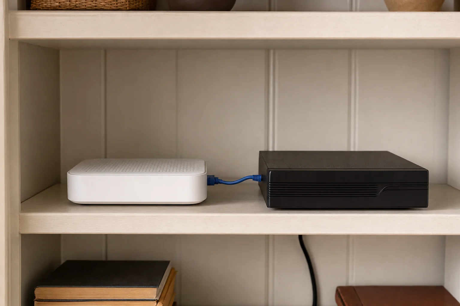 A white home modem and a small black recorder sitting side by side on a painted shelf, joined by a short blue network cable, with a power lead dropping down behind the shelf