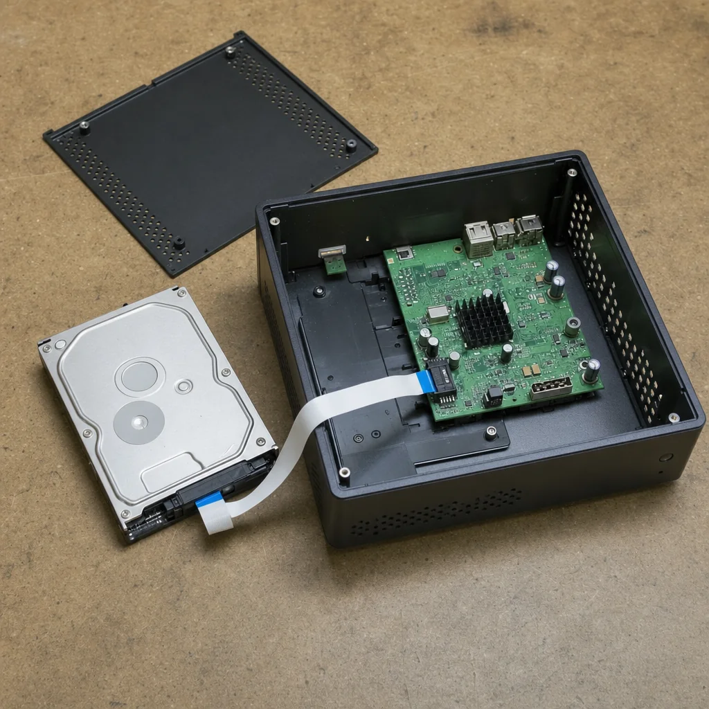 A small black recorder opened on a bench with its lid lying off to one side and the hard drive lifted out and resting beside it, still attached by a short ribbon cable