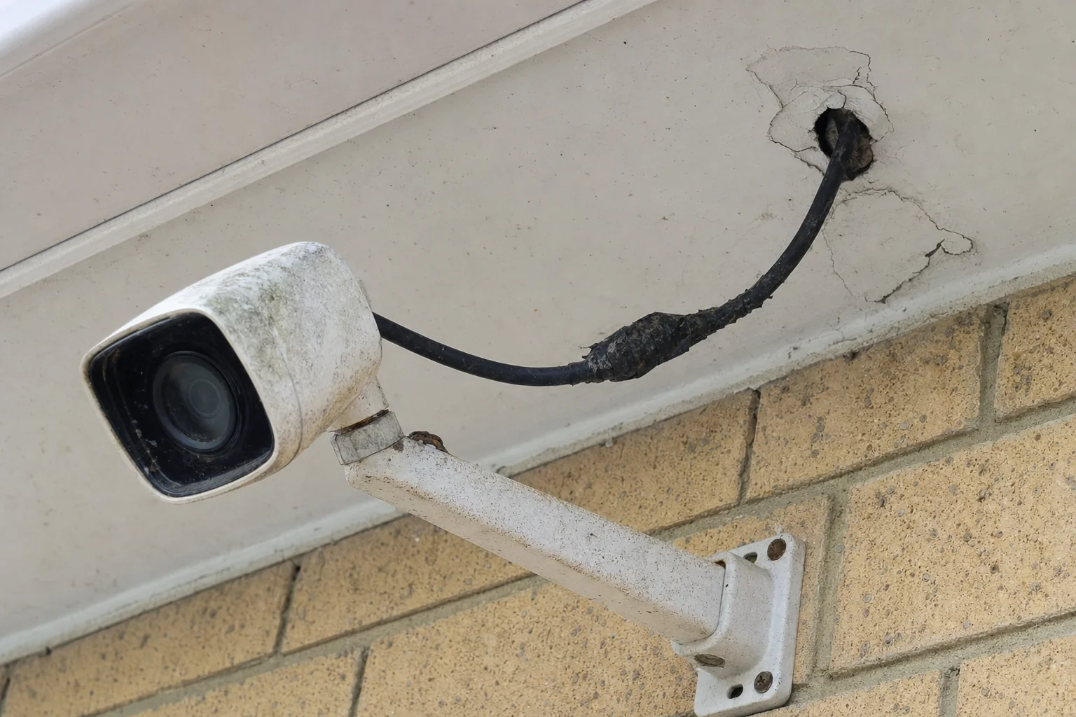 A weathered white security camera on a metal arm bracket against a brick wall, the cable running up to a hole in the eave lining where the sealant has cracked and lifted away, and a join partway along the cable wrapped in old tape