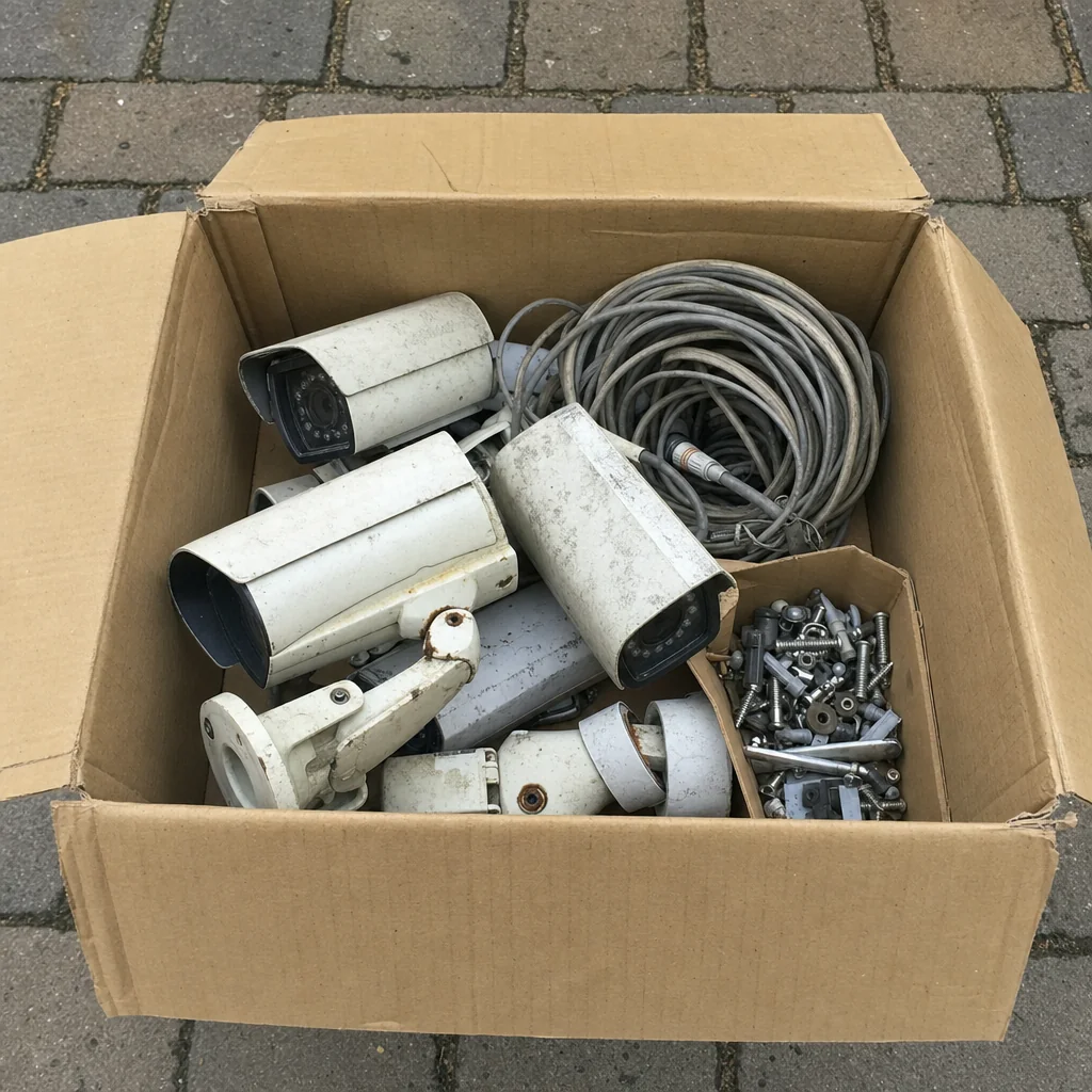 A cardboard box sitting on a paved driveway holding several removed white security cameras, a coil of old grey cable and a handful of brackets and screws