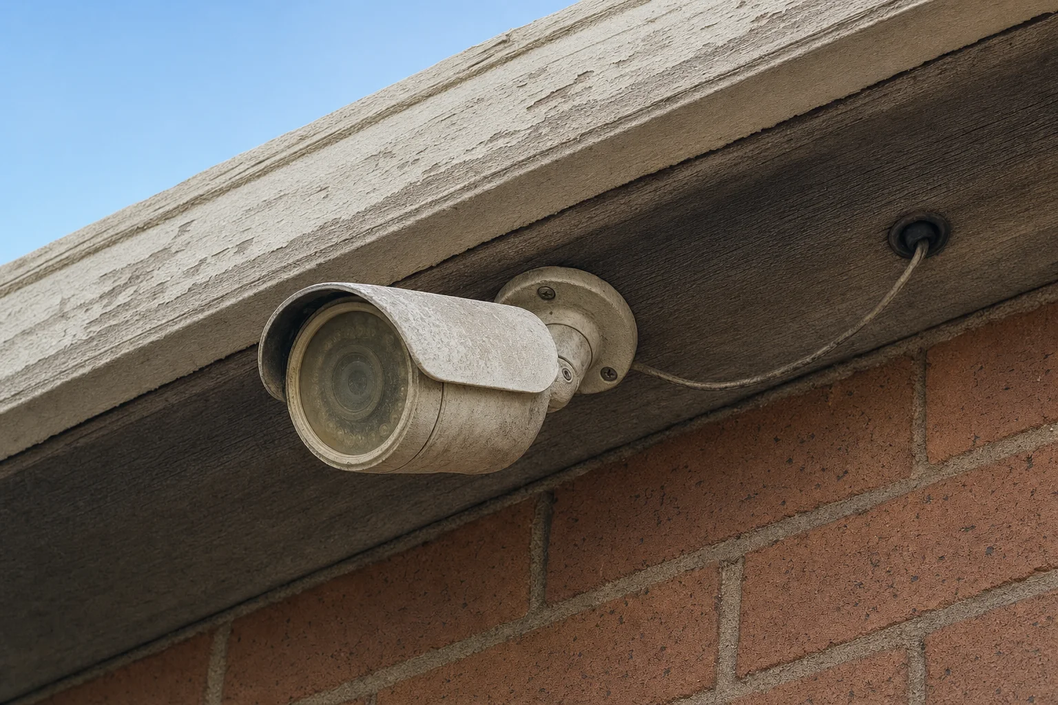An old white bullet camera mounted under a peeling timber eave on a brick wall, its housing chalky and sun faded and the clear front hazed over, with a thin cable running from the back of it along the eave and into a hole in the brickwork