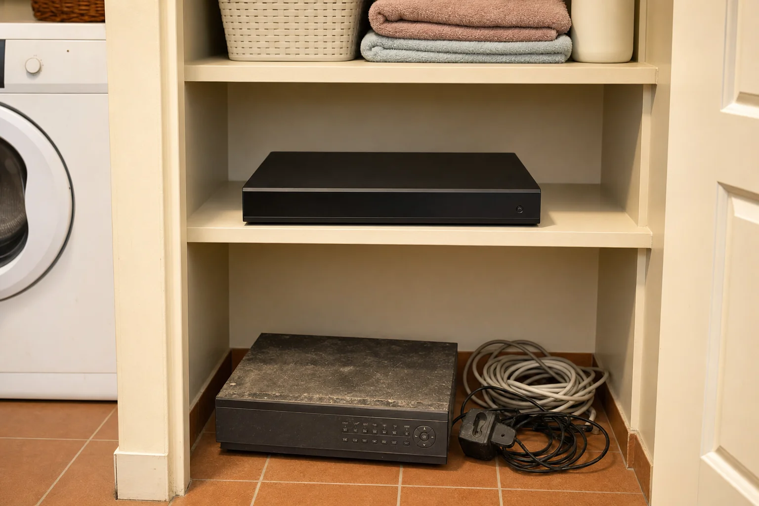 A laundry shelf with a clean new black recorder sitting in place on it and an older dusty recorder standing on the floor below beside a coil of removed cable, a washing machine to one side