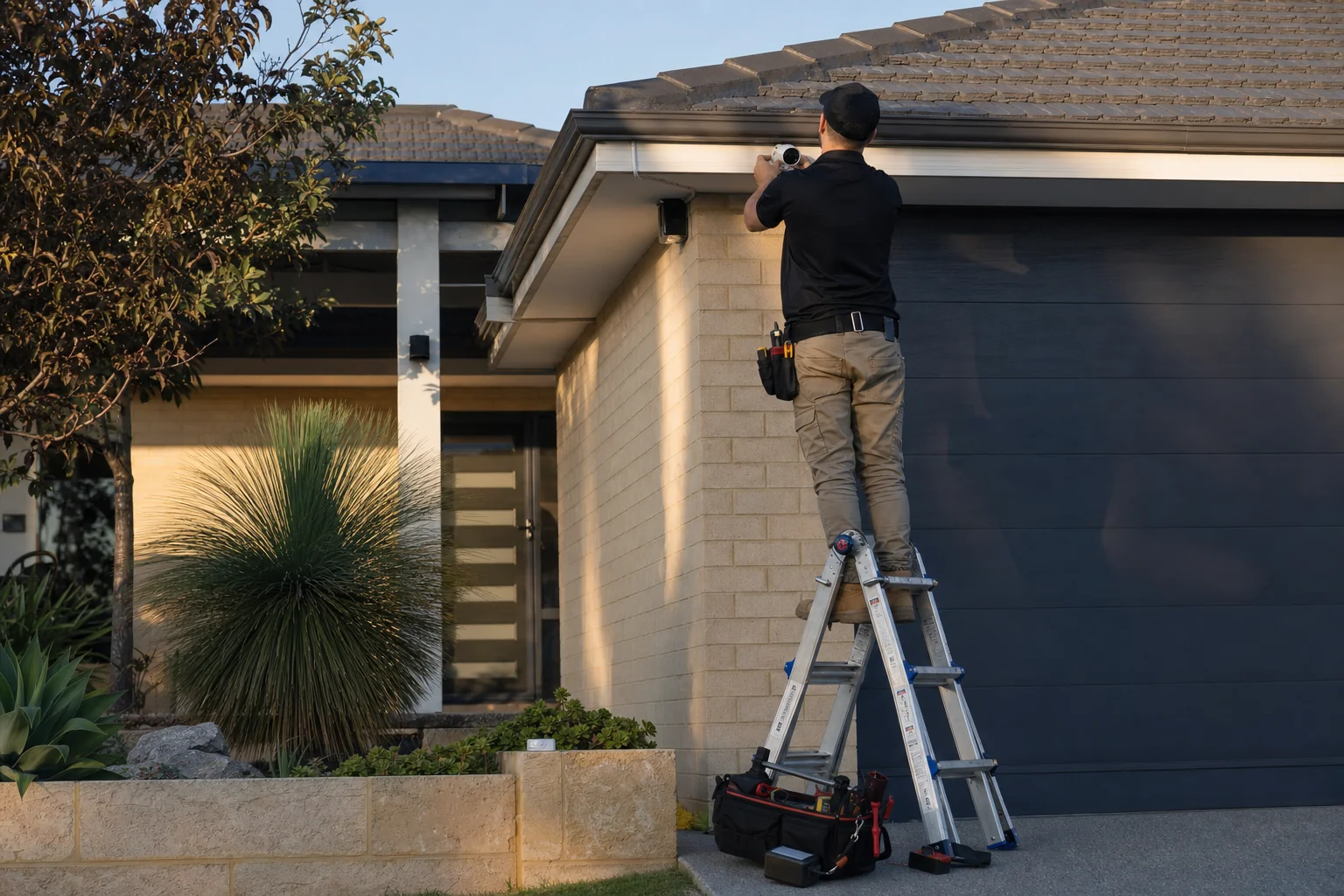 Installer running camera cable through the roof space of a Perth home so nothing is visible from outside